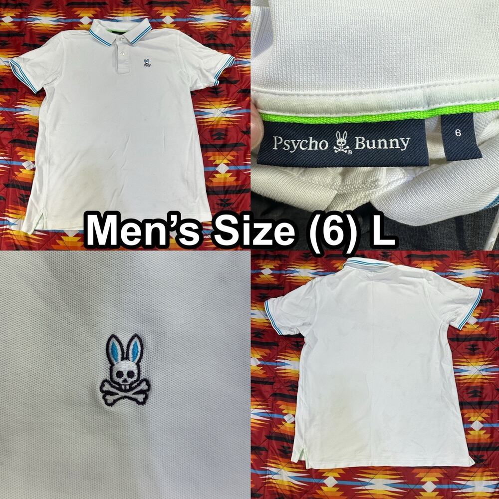 Psycho Bunny Polo Shirt Men’s Size (6) Large White Pima Cotton Skull Bunny Logo
